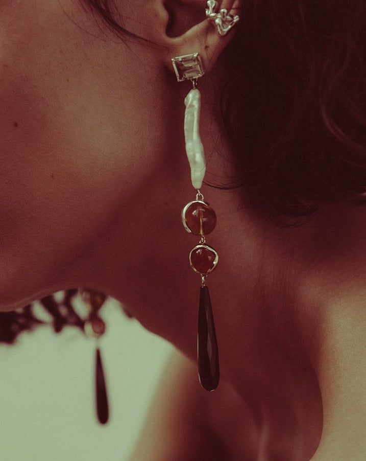 Potion Drop Earrings, Marigold Glass, Carnelian, Black Agate & Pearl x Faris