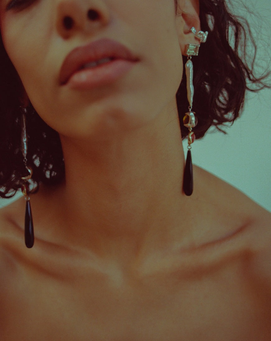 Potion Drop Earrings, Marigold Glass, Carnelian, Black Agate & Pearl x Faris