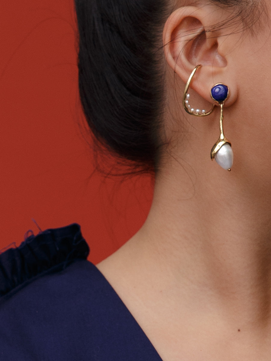 Sappho Earrings, Bronze, Lapis & Pearl x Faris